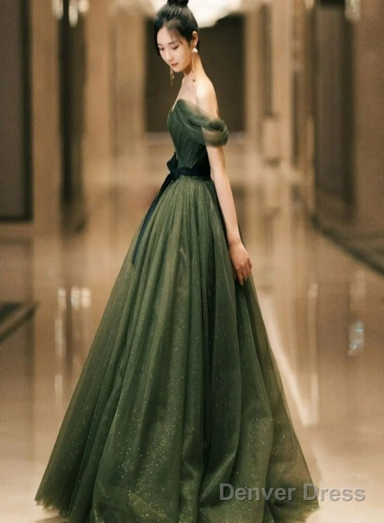 Dark Green Sweetheart Off Shoulder Long Prom Gowns, Green Sweet 16 Dresses Main image