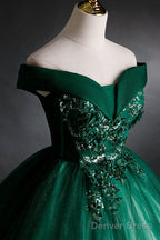 Dark Green Sweetheart Off Shoulder Long Party Dress With Lace Applique, Green Prom Dress