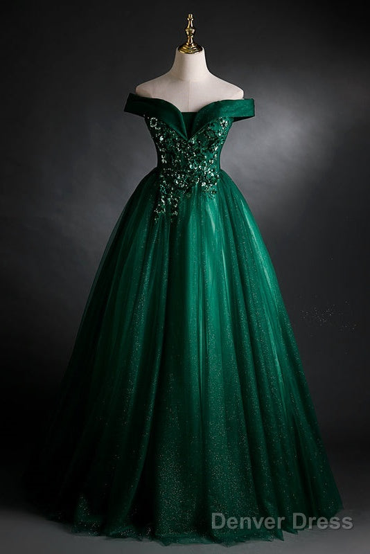 Dark Green Sweetheart Off Shoulder Long Party Dress With Lace Applique, Green Prom Dress