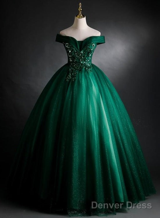 Dark Green Sweetheart Off Shoulder Long Party Dress With Lace Applique, Green Prom Dress Main image