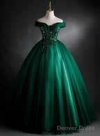 Dark Green Sweetheart Off Shoulder Long Party Dress With Lace Applique, Green Prom Dress