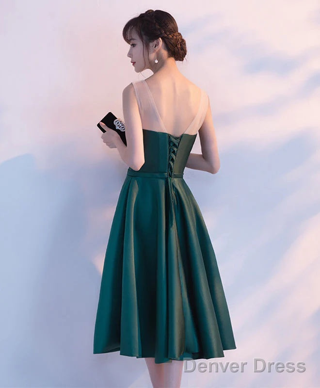 Dark Green Tea Length Satin Bridesmaid Dress, Floral Prom Dresses