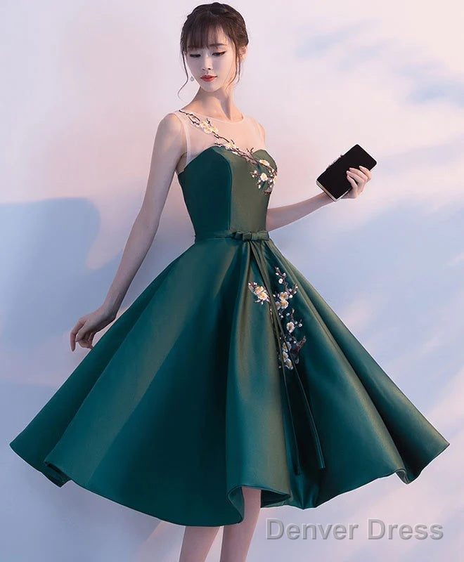Dark Green Tea Length Satin Bridesmaid Dress, Floral Prom Dresses