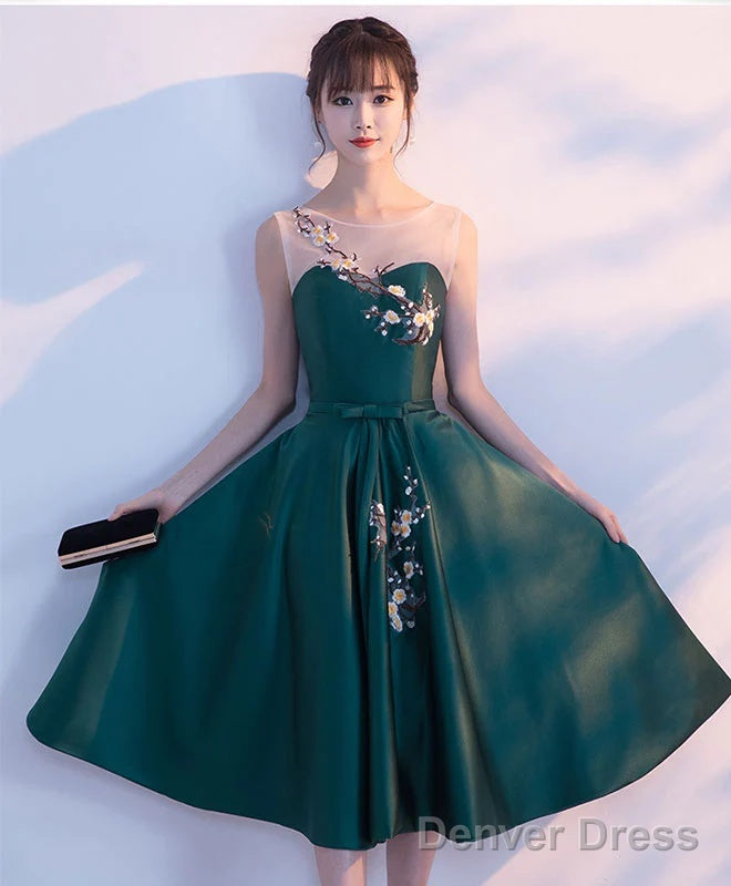 Dark Green Tea Length Satin Bridesmaid Dress, Floral Prom Dresses