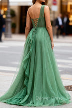 Dark Green Tulle A-Line One-Shoulder Long Prom Dresses