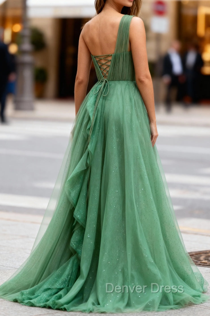 Dark Green Tulle A-Line One-Shoulder Long Prom Dresses