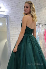 dark green tulle a line prom dress with appliques