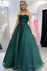 dark green tulle a line prom dress with appliques