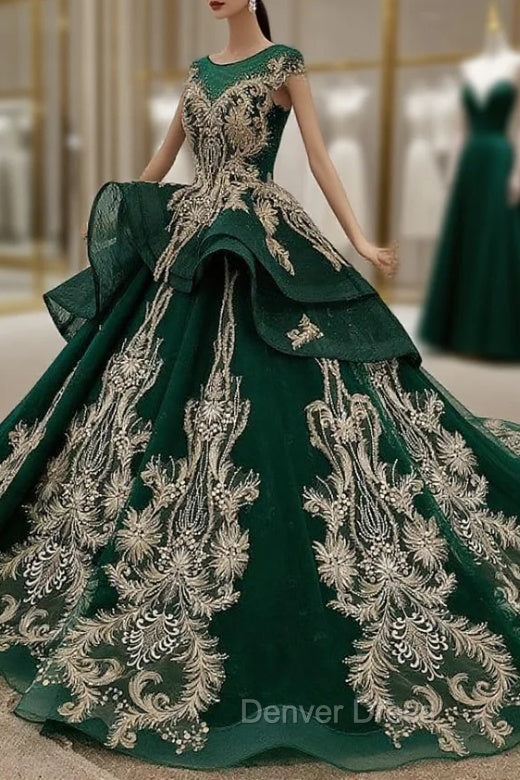 Dark Green Tulle Appliques Beading Cap Sleeve Backless Wedding Dresses