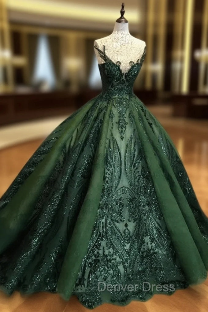Dark Green Tulle Ball Gown Formal Dresses Shiny Tulle Lace Sweet 16 Dresses prom Dresses shops Main image