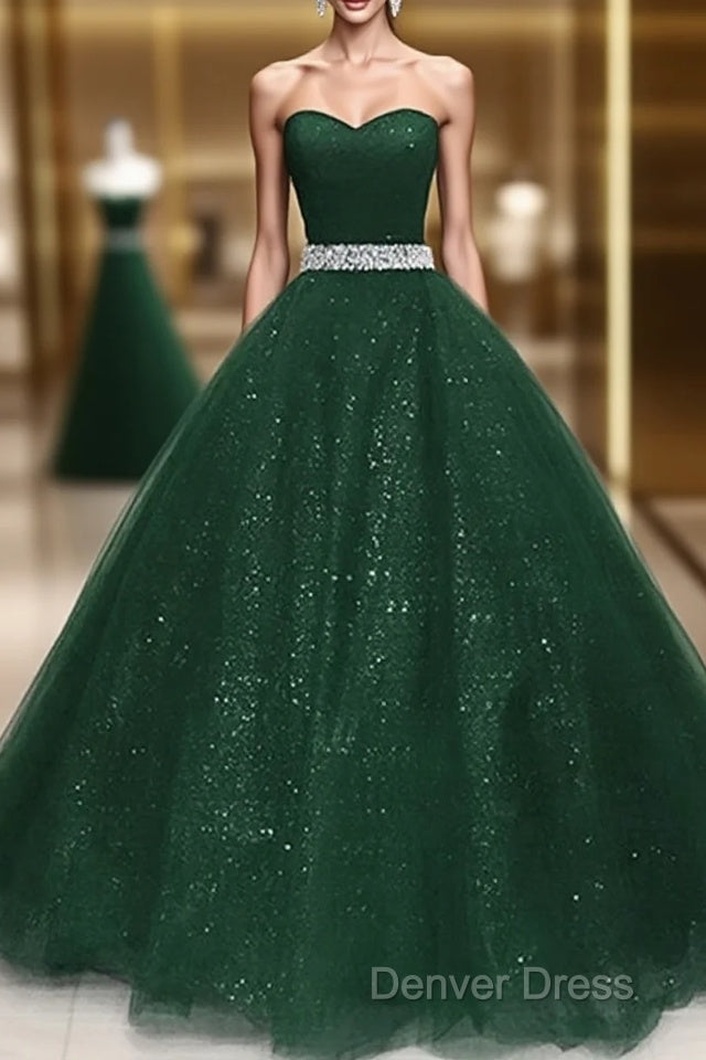 Dark Green Tulle Beaded Long Prom Dresses, Green Ball Gowns Prom Gowns