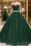 Dark Green Tulle Beaded Long Prom Dresses, Green Ball Gowns Prom Gowns