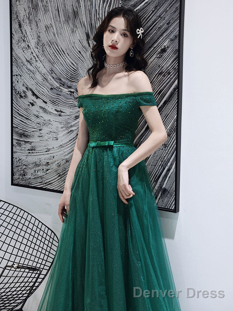 Dark Green Tulle Beaded Off Shoulder Long Prom Dress, A-Line Long Prom Dresses Secondary image