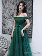 Dark Green Tulle Beaded Off Shoulder Long Prom Dress, A-Line Long Prom Dresses