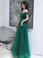 Dark Green Tulle Beaded Off Shoulder Long Prom Dress, A-Line Long Prom Dresses
