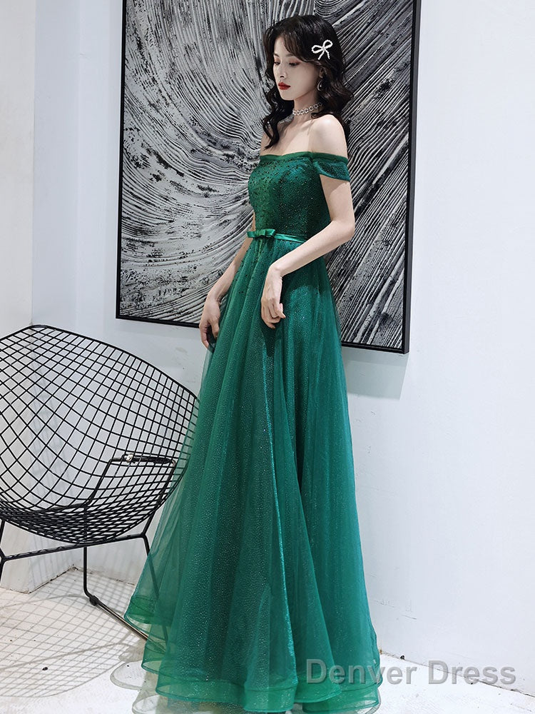 Dark Green Tulle Beaded Off Shoulder Long Prom Dress, A-Line Long Prom Dresses