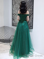 Dark Green Tulle Beaded Off Shoulder Long Prom Dress, A-Line Long Prom Dresses