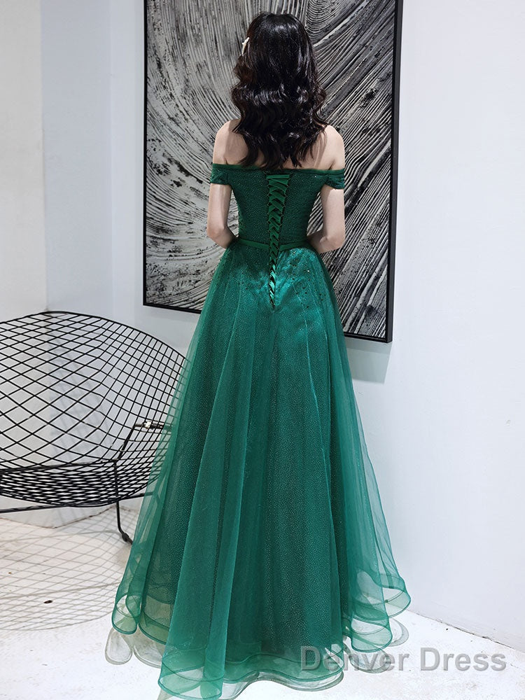Dark Green Tulle Beaded Off Shoulder Long Prom Dress, A-Line Long Prom Dresses