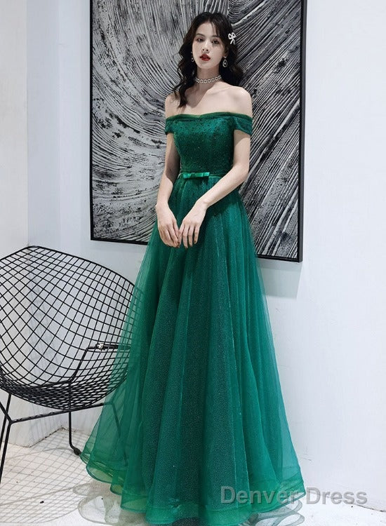 Dark Green Tulle Beaded Off Shoulder Long Prom Dress, A-Line Long Prom Dresses Main image