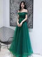 Dark Green Tulle Beaded Off Shoulder Long Prom Dress, A-Line Long Prom Dresses