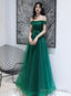 Dark Green Tulle Beaded Off Shoulder Long Prom Dress, A-Line Long Prom Dresses