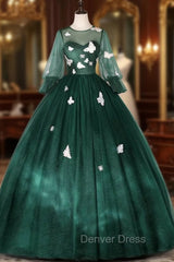 Dark Green Tulle Butterfly Appliques Bell Sleeve Quinceanera Dresses