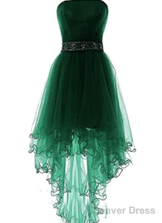 Dark Green Tulle High Low Prom Dress, Green Tulle Prom Dress Homecoming Dresses