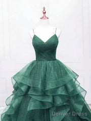 Dark Green Tulle Layers Straps V-Neckline Prom Dress, Dark Green Tulle Evening Dress