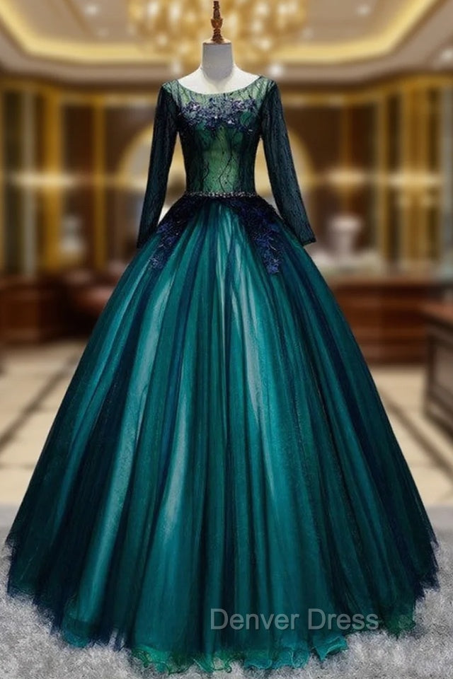 Dark Green Tulle Long Sleeve Appliques Quinceanera Dresses Main image