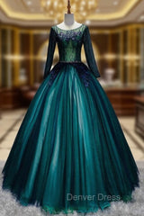 Dark Green Tulle Long Sleeve Appliques Quinceanera Dresses