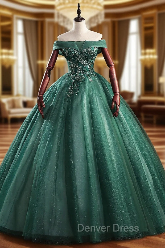 Dark Green Tulle Off the Shoulder Appliques Quinceanera Dresses Main image