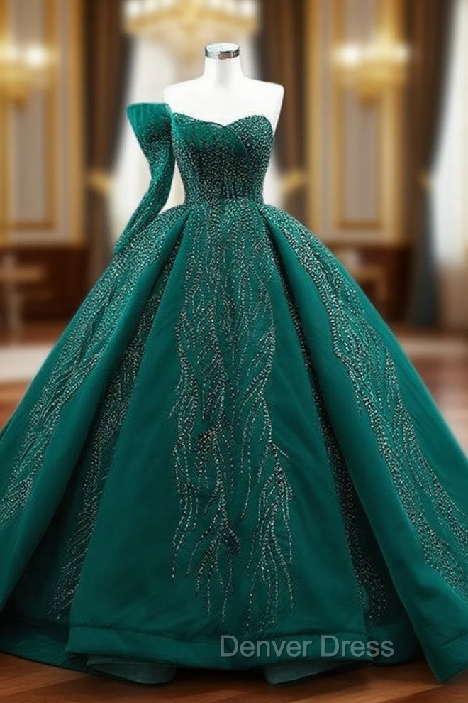 Dark Green Tulle One Shoulder Beading Prom Dresses