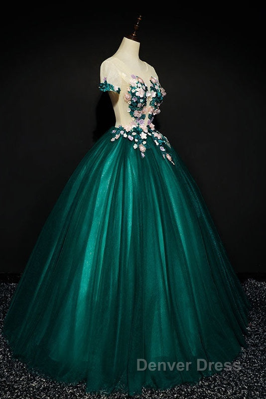 Dark Green Tulle Round Neckline Ball Gowns Prom Dress, Quinceanera Dresses