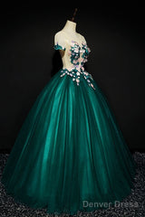 Dark Green Tulle Round Neckline Ball Gown Formal Dress, Quinceanera Dress