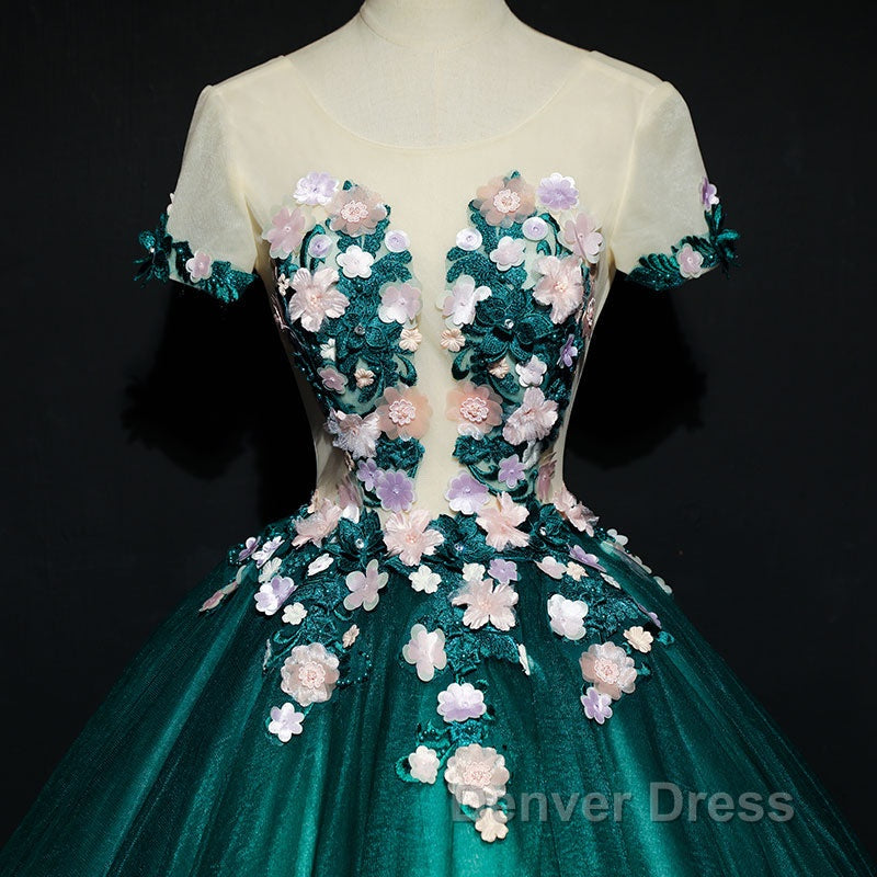 Dark Green Tulle Round Neckline Ball Gowns Prom Dress, Quinceanera Dresses
