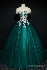 Dark Green Tulle Round Neckline Ball Gown Formal Dress, Quinceanera Dress