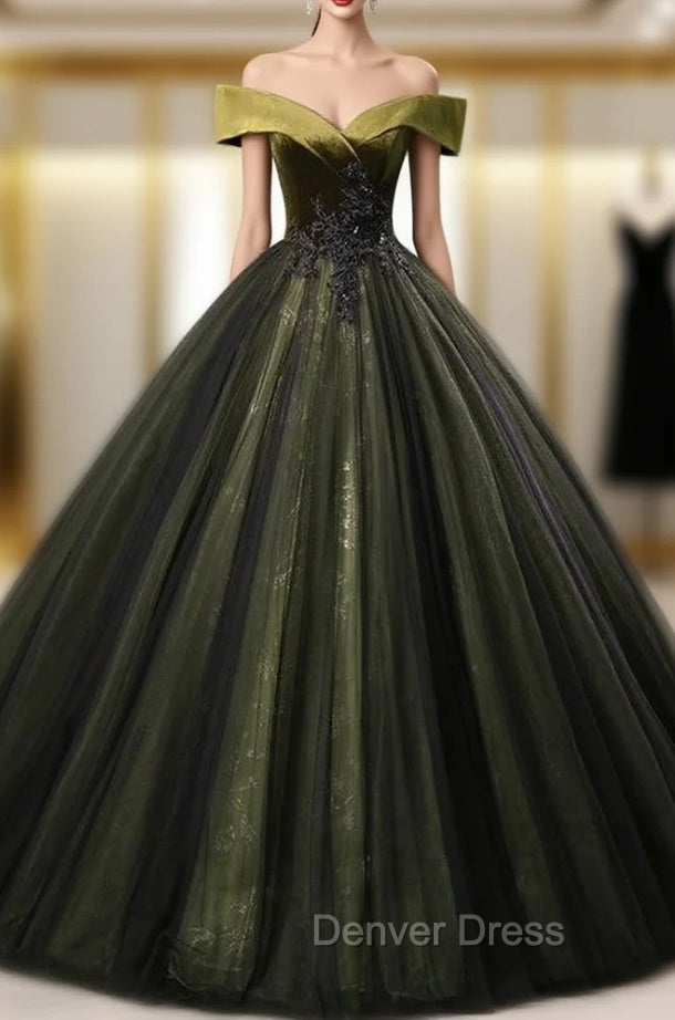Dark Green Tulle Sequins Off the Shoulder Appliques Quinceanera Dresses Main image