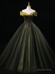 Dark Green Tulle Sequins Off the Shoulder Appliques Quinceanera Dress