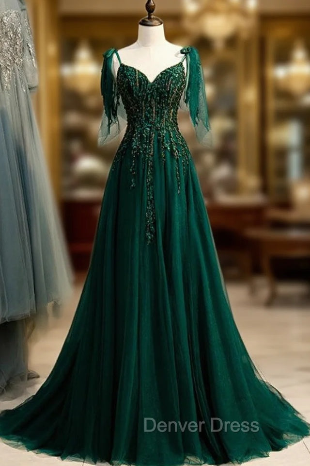 Dark Green Tulle Spaghetti Straps Beading Prom Dresses