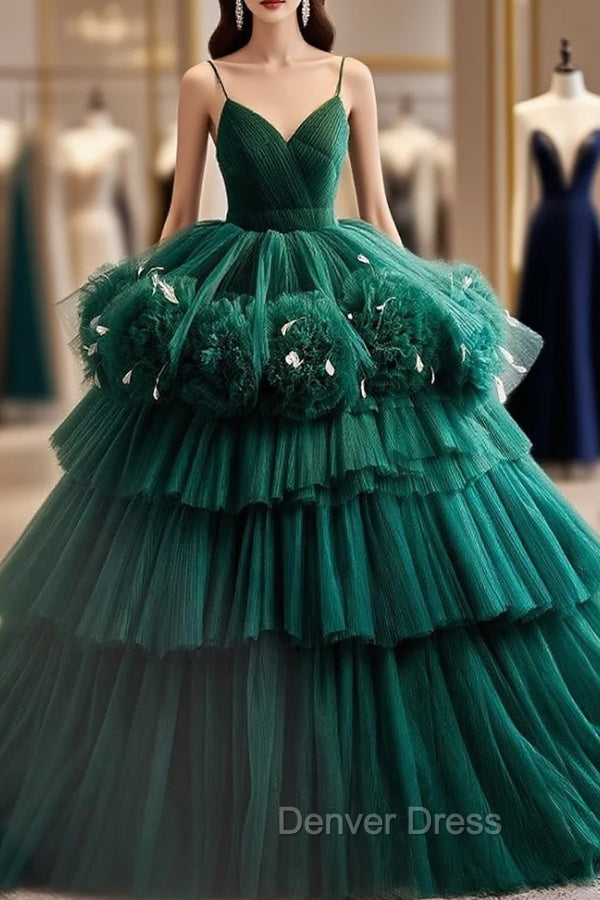 Dark Green Tulle Spaghetti Straps Tiers Quinceanera Dresses