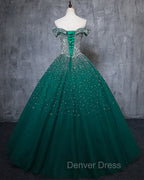 Dark Green Tulle Sweetheart Sparkle Party Dresses, Sweet 16 Dresses