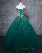 Dark Green Tulle Sweetheart Sparkle Prom Dress, Sweet 16 Dresses