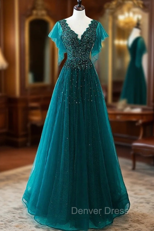Dark Green Tulle V-neck Beading Prom Dresses Main image