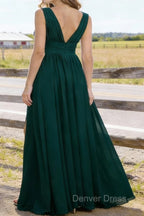 Dark Green V Neck Chiffon Floor Length Bridesmaid Dress Long Bridesmaid Dresses With Pleated Split