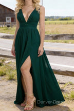Dark Green V Neck Chiffon Floor Length Bridesmaid Dress Long Bridesmaid Dresses With Pleated Split