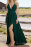 Dark Green V Neck Chiffon Floor Length Bridesmaid Dress Long Bridesmaid Dresses With Pleated Split