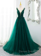 Dark Green V-neckline Lace Long Beaded Prom Dresses, Dark Green Party Dresses