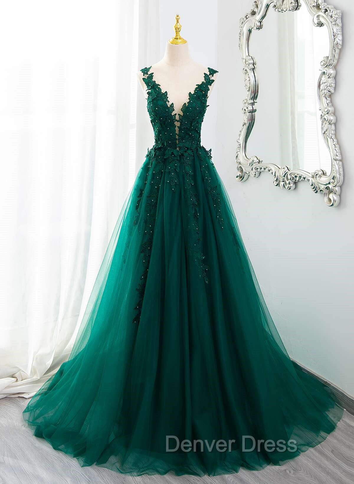 Dark Green V-neckline Lace Long Beaded Prom Dresses, Dark Green Party Dresses