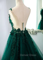 Dark Green V-neckline Lace Long Beaded Prom Dresses, Dark Green Party Dresses
