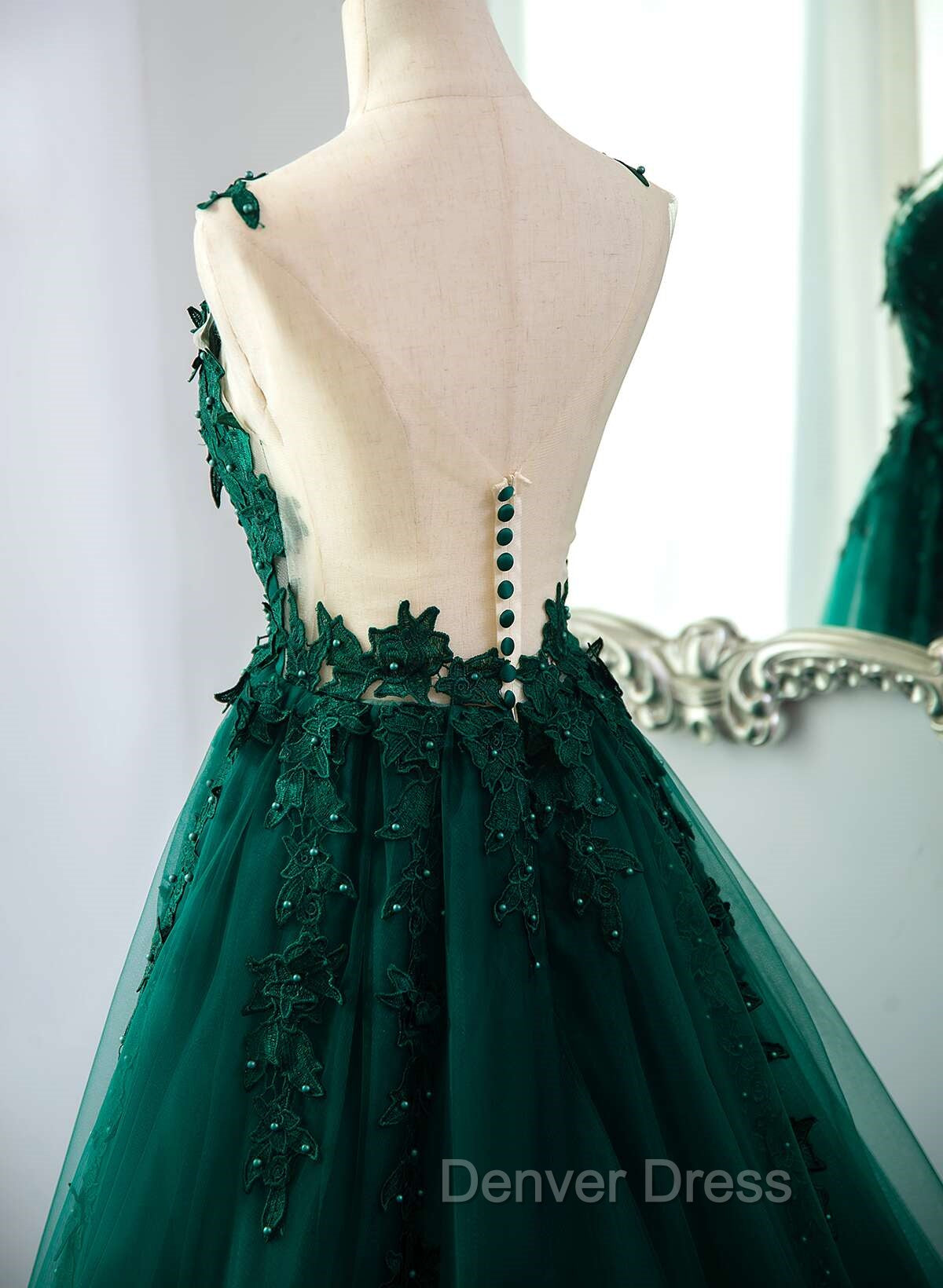 Dark Green V-neckline Lace Long Beaded Prom Dresses, Dark Green Party Dresses